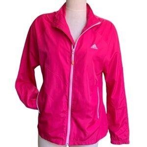 Adidas Womens Windbreaker Zip Jacket Pink & White Stripe Sz L Zip Pocket #256B